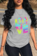 Light Gray Casual Daily Print Patchwork Letter O Neck T-Shirts