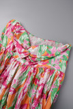 Pink Sexy Print Printing Pleated Strapless Straight Jumpsuits
