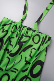 Green Casual Daily Mixed Printing Color Block Hollowed Out Printing Contrast Halter Sleeveless Two Pieces