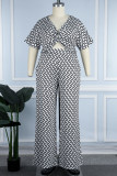 White Casual Simplicity Mixed Printing Printing V Neck Short Sleeve Two Pieces