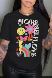 Black Casual Street Print Patchwork Letter O Neck T-Shirts