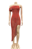 Red Sexy Hot Drilling Patchwork Off the Shoulder Irregular Dress Dresses
