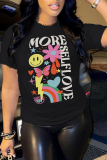 Black Casual Street Print Patchwork Letter O Neck T-Shirts