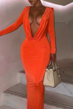 Tangerine Red Sexy Solid Patchwork V Neck Wrapped Skirt Dresses