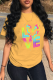 Yellow Casual Daily Print Patchwork Letter O Neck T-Shirts