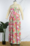 Pink Sexy Print Printing Pleated Strapless Straight Jumpsuits