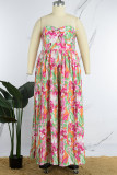 Pink Sexy Print Printing Pleated Strapless Straight Jumpsuits
