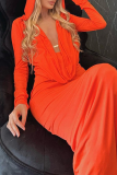 Tangerine Red Sexy Solid Patchwork V Neck Wrapped Skirt Dresses