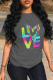Dark Gray Casual Daily Print Patchwork Letter O Neck T-Shirts