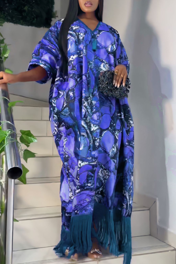 Blue Plus Size Print Tassel Patchwork V Neck Straight Dresses(With Headscarf)