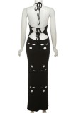 Black Sexy Solid Ripped Hollowed Out Backless Halter Long Dress Dresses