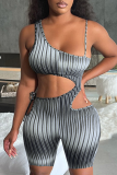 Turquoise Street Striped Bandage Hollowed Out Backless Spaghetti Strap Skinny Rompers