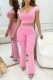 Pink Casual Solid Backless O Neck Sleeveless Two Pieces