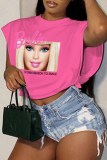 Rose Red Casual Street Character Print Letter O Neck Tops
