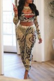 Khaki Casual Print Hollowed Out O Neck Long Sleeve Two Pieces