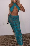 Blue Sexy Solid Hollowed Out Backless Slit Halter Sleeveless Two Pieces
