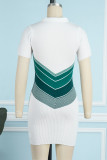 Green Casual Patchwork Contrast Turndown Collar Short Sleeve Dress