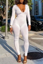 White Sexy Casual Solid Backless Hooded Collar Skinny Jumpsuits