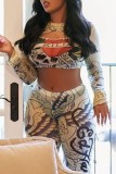 Khaki Casual Print Hollowed Out O Neck Long Sleeve Two Pieces