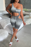 Turquoise Street Striped Bandage Hollowed Out Backless Spaghetti Strap Skinny Rompers