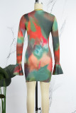 Green Sexy Print Tie Dye Hollowed Out O Neck Long Sleeve Dresses (Subject To The Actual Object)