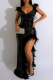 Black Solid Sequins Patchwork Feathers Backless V Neck Irregular Dress Dresses
