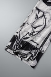 Black Street Print Patchwork Buttons See-through Mesh V Neck Long Sleeve Two Pieces