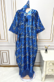 Blue Plus Size Print Tassel Patchwork V Neck Straight Dresses(With Headscarf)