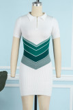 Green Casual Patchwork Contrast Turndown Collar Short Sleeve Dress