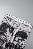 Black Street Print Patchwork Buttons See-through Mesh V Neck Long Sleeve Two Pieces