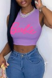 Pink Sexy Street Print Letter O Neck Tops