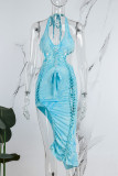 Blue Sexy Tie Dye Hollowed Out Backless Fold Strap Design Halter Irregular Dress Dresses