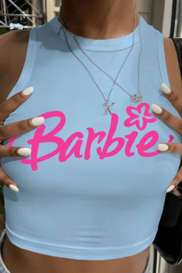 Light Blue Sexy Street Print Letter O Neck Tops