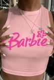 Pink Sexy Street Print Letter O Neck Tops