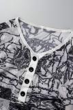 Black Street Print Patchwork Buttons See-through Mesh V Neck Long Sleeve Two Pieces