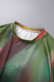 Green Sexy Print Tie Dye Hollowed Out O Neck Long Sleeve Dresses (Subject To The Actual Object)
