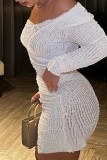 White Casual Solid Patchwork Oblique Collar Long Sleeve Dresses