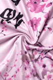 Pink Casual Print Patchwork Off the Shoulder Long Sleeve Dresses
