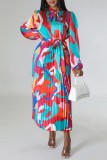 Red Casual Print Basic O Neck Long Sleeve Dresses (Subject To The Actual Object)