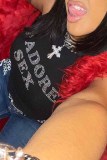 Black Street Letter Hot Drill O Neck Tops
