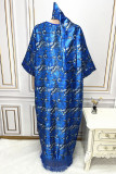 Blue Plus Size Print Tassel Patchwork V Neck Straight Dresses(With Headscarf)