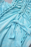 Blue Sexy Tie Dye Hollowed Out Backless Fold Strap Design Halter Irregular Dress Dresses