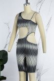Turquoise Street Striped Bandage Hollowed Out Backless Spaghetti Strap Skinny Rompers