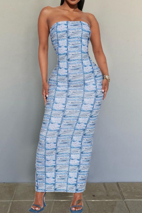 Multicolor Sexy Casual Print Backless Strapless Long Dress Dresses