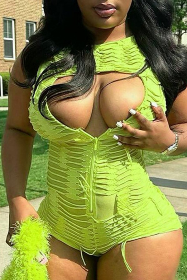 Green Sexy Casual Solid Hollowed Out O Neck Skinny Romper