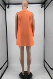 Tangerine Red Casual Striped Letter With Belt Turn-back Collar Sleeveless Two Pieces