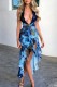 Blue Sexy Print Patchwork Frenulum Backless Halter Irregular Dress Dresses