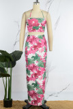 Pink Sexy Casual Print Backless Spaghetti Strap Sleeveless Two Pieces