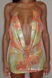 Orange Sexy Print Frenulum Backless Halter Sleeveless Dress Dresses