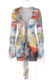 Colour Print Hollowed Out Patchwork Flounce Strap Design V Neck Wrapped Skirt Dresses